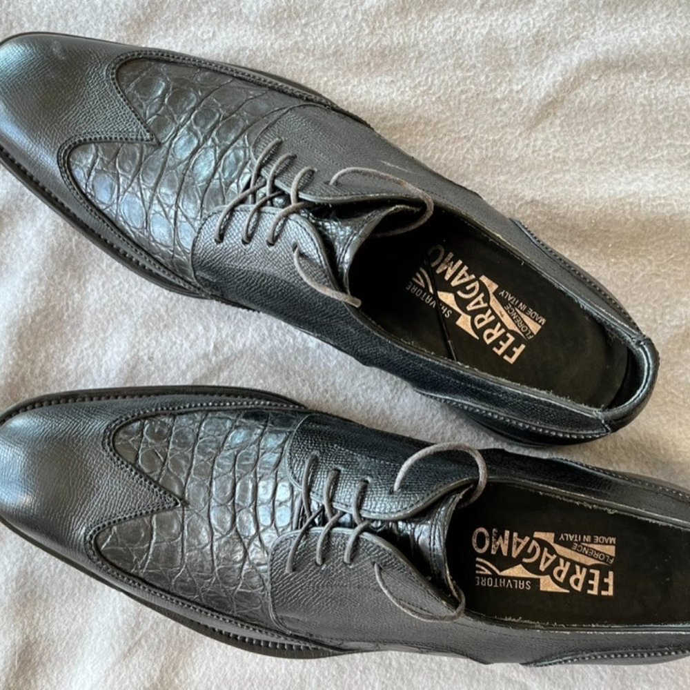 Salvatore Ferragamo Alicante Crocodile Black Alligator Wingtips (rare) Size 10